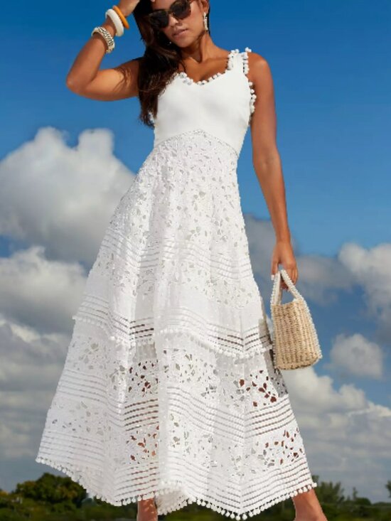 Boston Proper Dresses & Skirts - EUC! Boston Proper Mixed Media Lace Pom Pom White Dress Size Medium